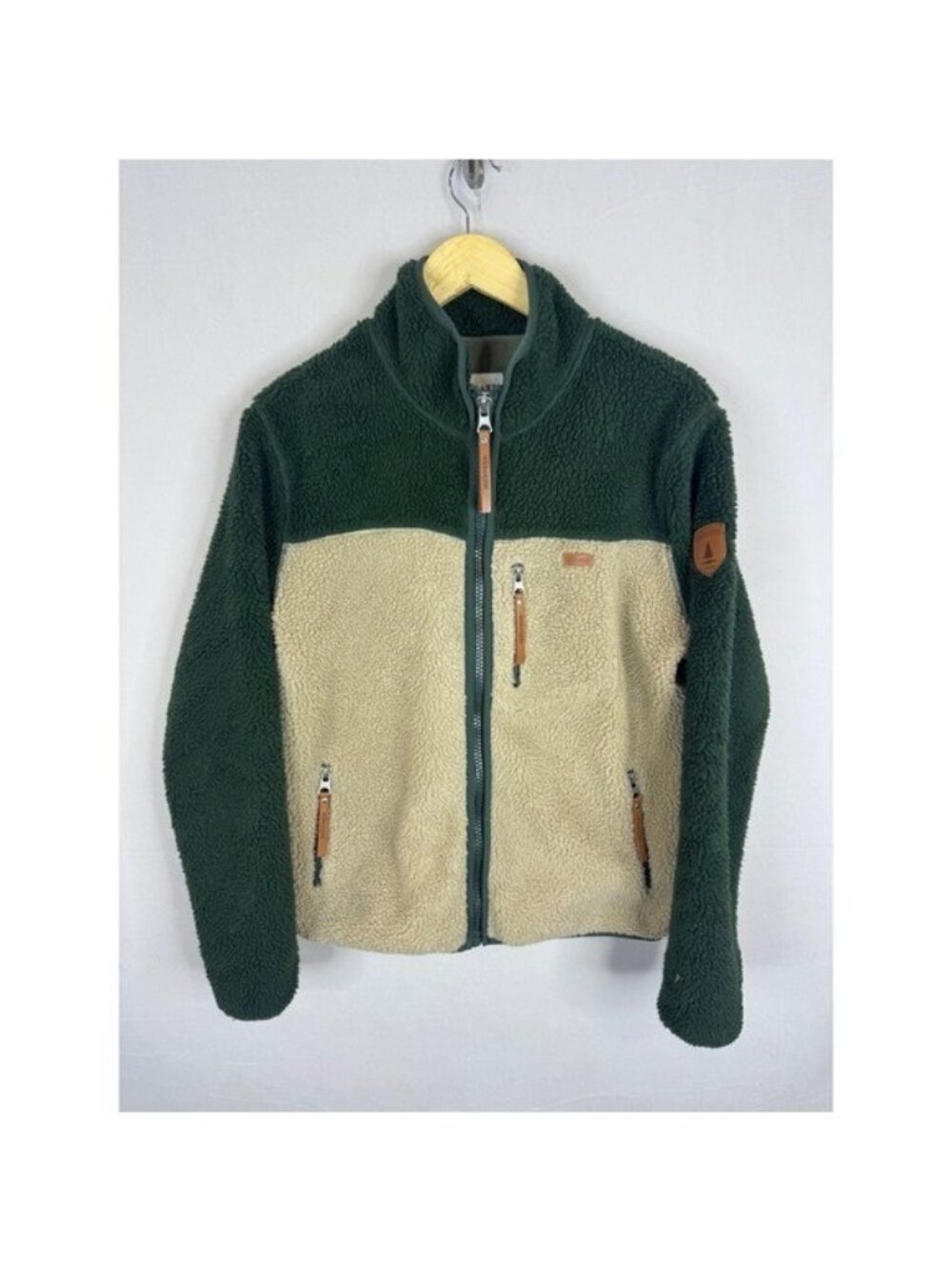 Wanakome Mens Sherpa Fleece Jacket Green Tan Colorblock Full Zip Medium